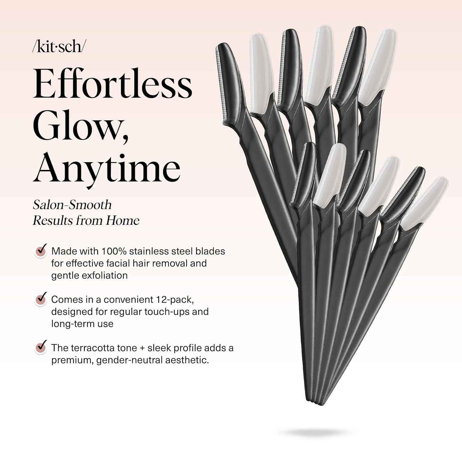 kitsch dermaplane razor for women face - black, 12 pc set - exfoliating facial razor for smoother skin
