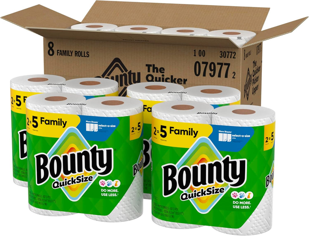 Bounty Quick Size Paper Towels, White, 8 Family Rolls = 20 Regular Rolls - ShopUS