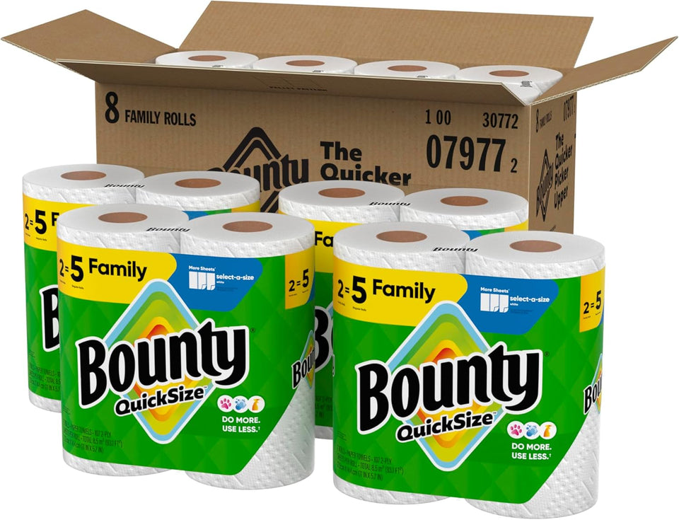 Bounty Quick Size Paper Towels, White, 8 Family Rolls = 20 Regular Rolls - ShopUS