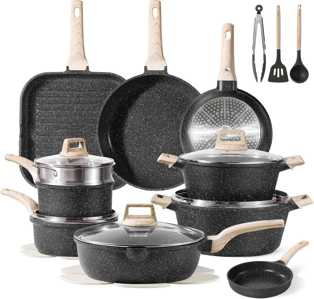 CAROTE 21Pcs Pots and Pans Set, Nonstick Cookware Sets, White Granite Induction Cookware Non Stick Cooking Set w/Frying Pans & Saucepans(PFOS, PFOA Free)