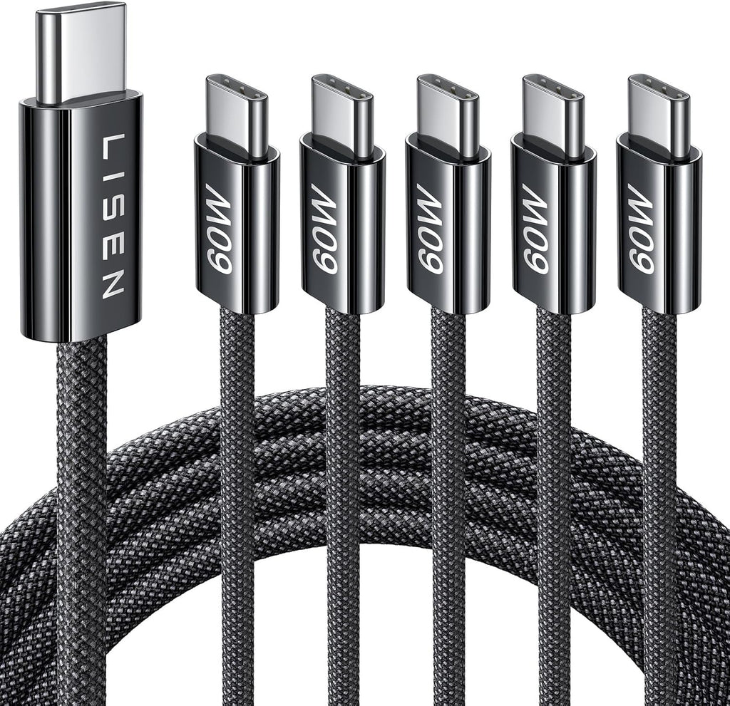 Lisen 5-pack usb c to c cable, 60w fast charging, 10ft for iphone 17, ipad, galaxy s25/s24