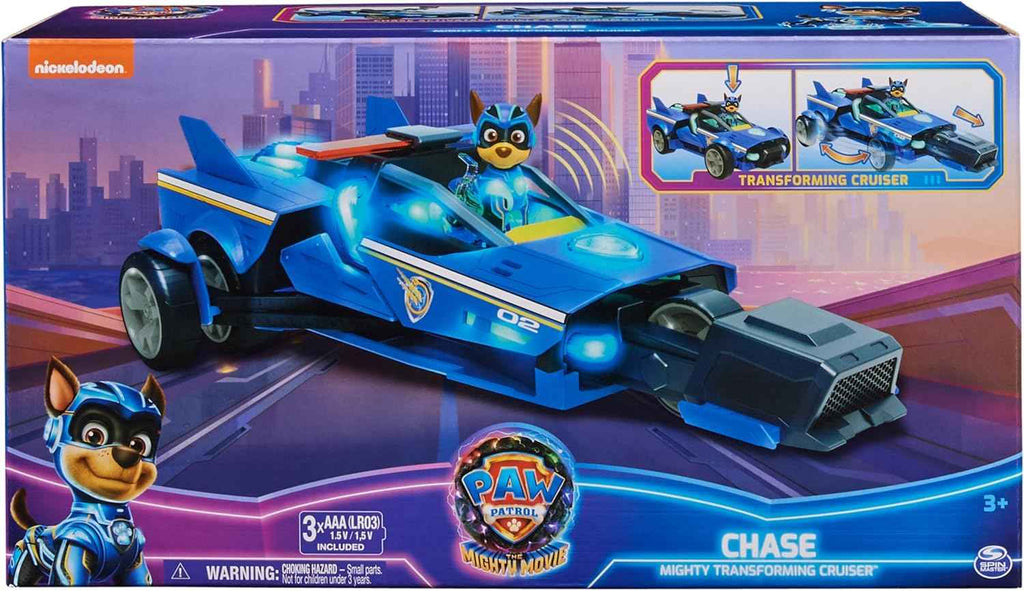 Paw Patrol: The Mighty Movie, Chase's Mighty Transforming Cruiser with Mighty Pups Action Figure, Lights and Sounds, Kids Toys for Boys & Girls 3+