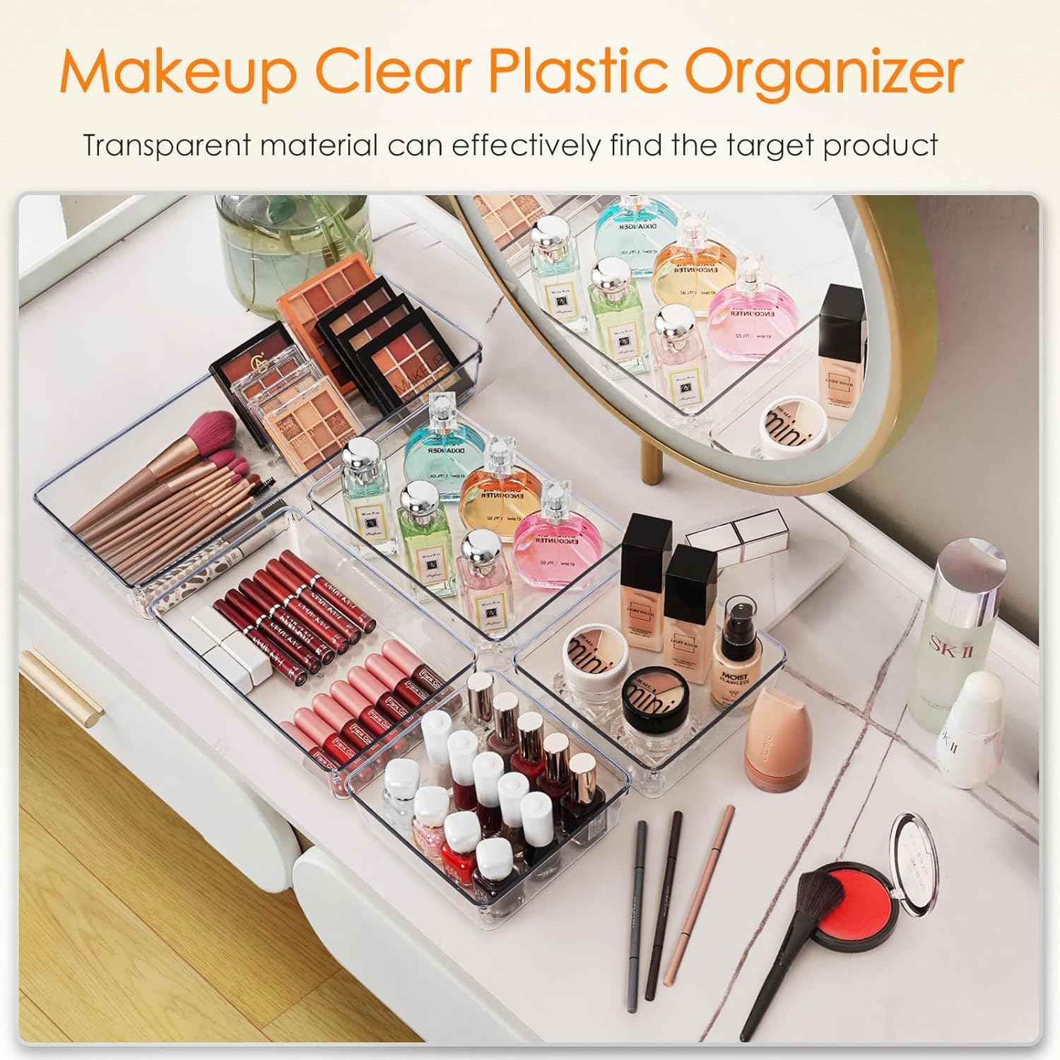 Criusia 10 Pack Large Clear Plastic Drawer Organizer Set 3 Size Versatile Bathroom Vanity Organizer Trays