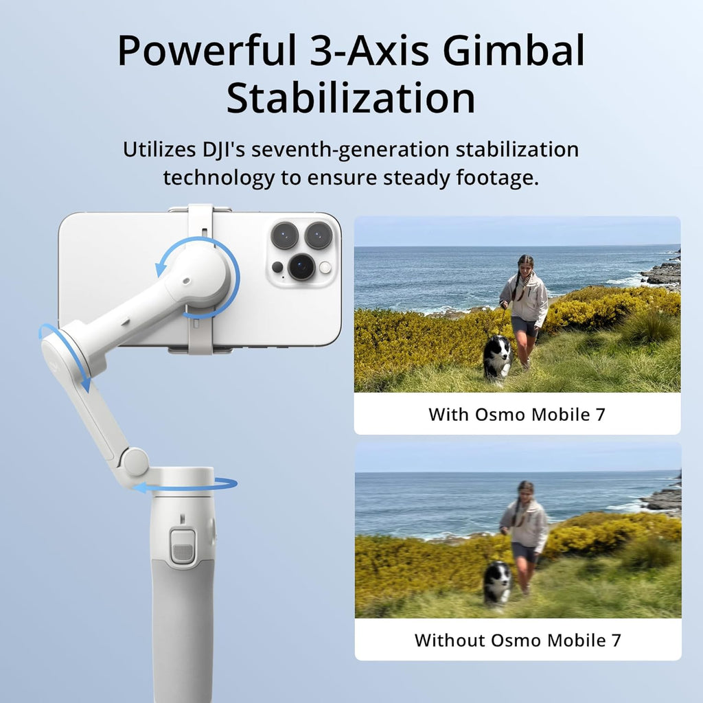 DJI Osmo Mobile 7 Gimbal Stabilizer for iPhone, Android, Built-in Tripod, Portable Stabilizer for iPhone, Selfie Stick, 3-Axis Phone Gimbal, ActiveTrack 7.0, One-Tap Edit, 10hrs Use, Phone Charging