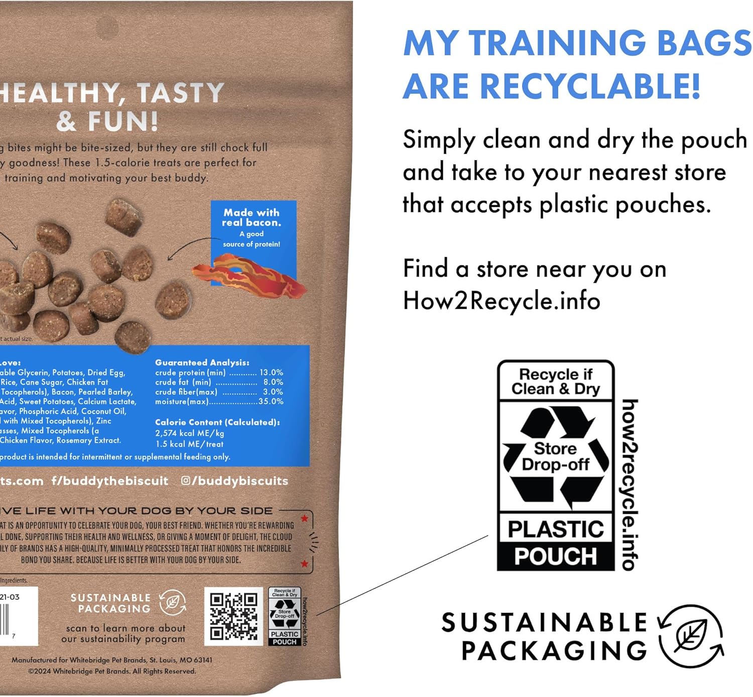 Buddy Biscuits Trainers 10 Oz. Pouch of Training Bites Soft & Chewy Dog Treats Made with Bacon Flavor