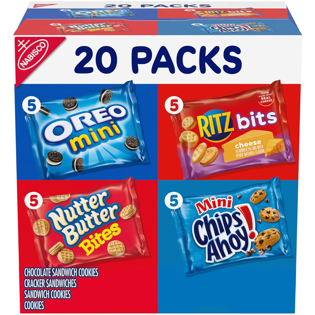 Nabisco classic mix variety pack with 20 assorted snack packs, bite-size cookies and crackers