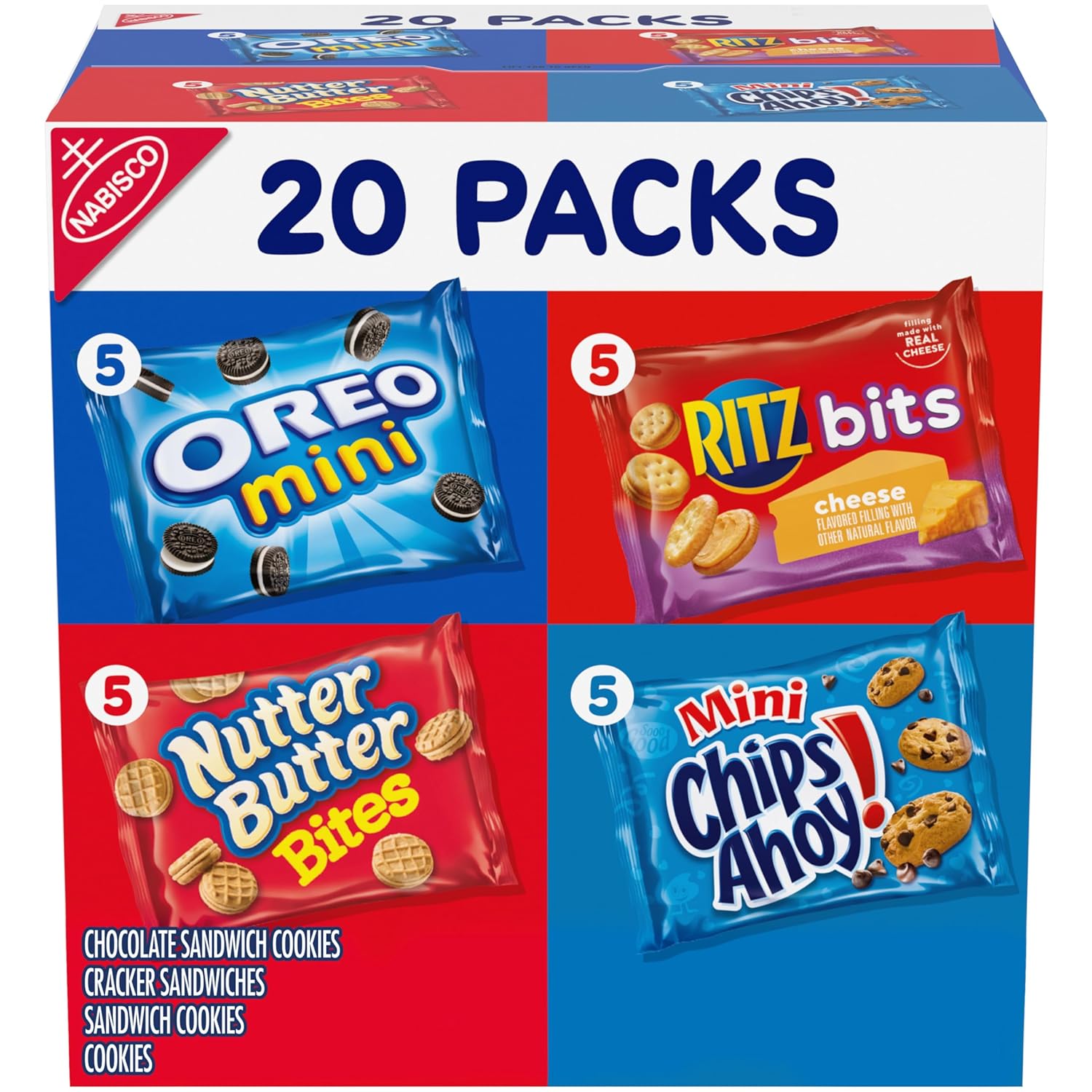 Nabisco classic mix variety pack with 20 assorted snack packs, bite-size cookies and crackers