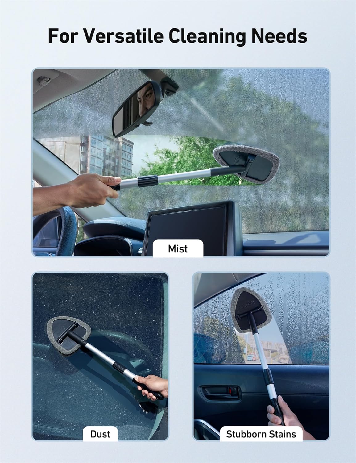 astroAI Windshield Cleaner Tool with Extendable Handle and 4 Reusable Microfiber Pads for Car Interior Detailing Cleaning Kit, Gray, 15.9-21in