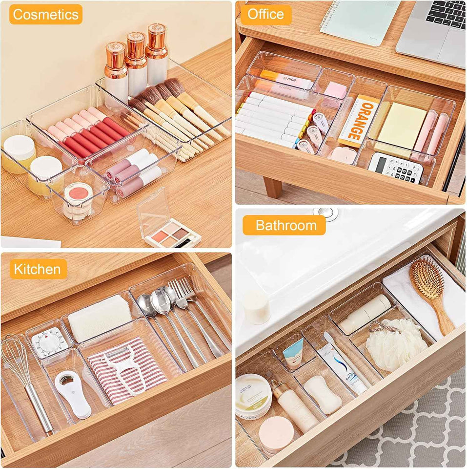 SMARTAKE 13-Piece Drawer Organizers with Non-Slip Silicone Pads, 5-Size Desk Bathroom Drawer Organizer Trays Storage Tray for Makeup, Jewelries, Utensils in Bedroom Dresser, Office and Kitchen, Clear