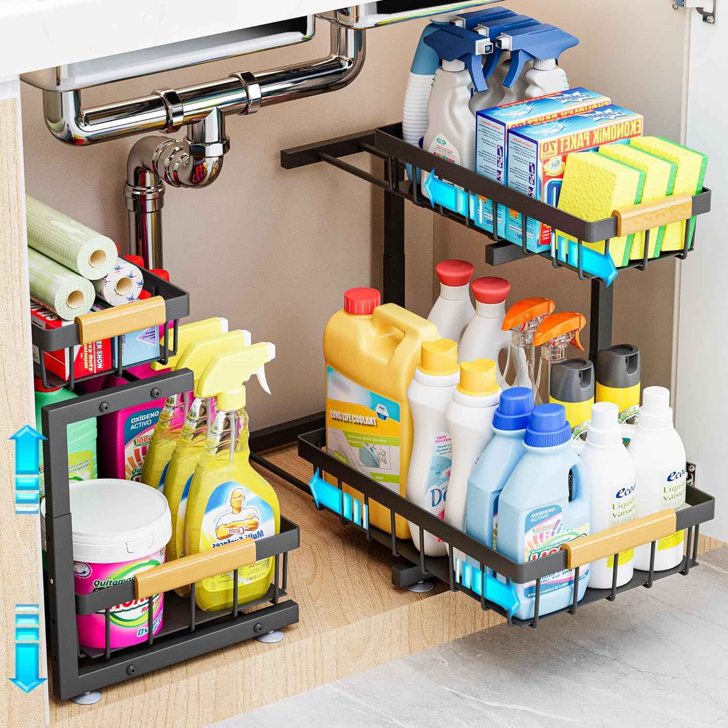 ADBIU Under Sink Organizer, 2 Pack 2 Tier Expandable Height Kitchen Bathroom Cabinet Organizers