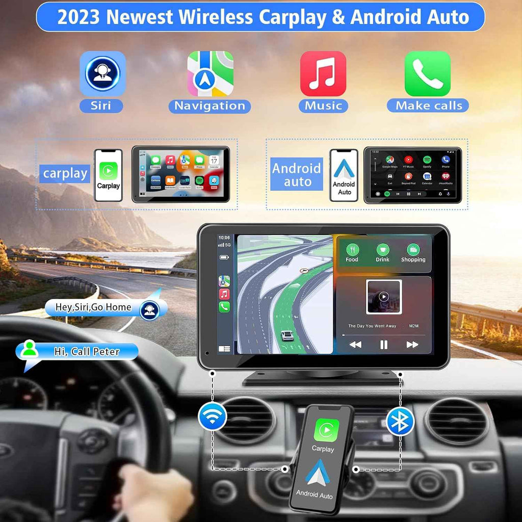7" portable wireless car stereo with Apple CarPlay, Android Auto, and backup camera for all vehicles