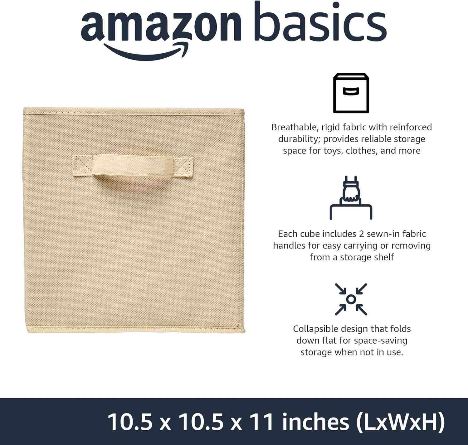 Collapsible Fabric Storage Cubes with Handles, Beige, 10.5 x 10.5 x 11-inch, Pack of 6 for Easy Organization