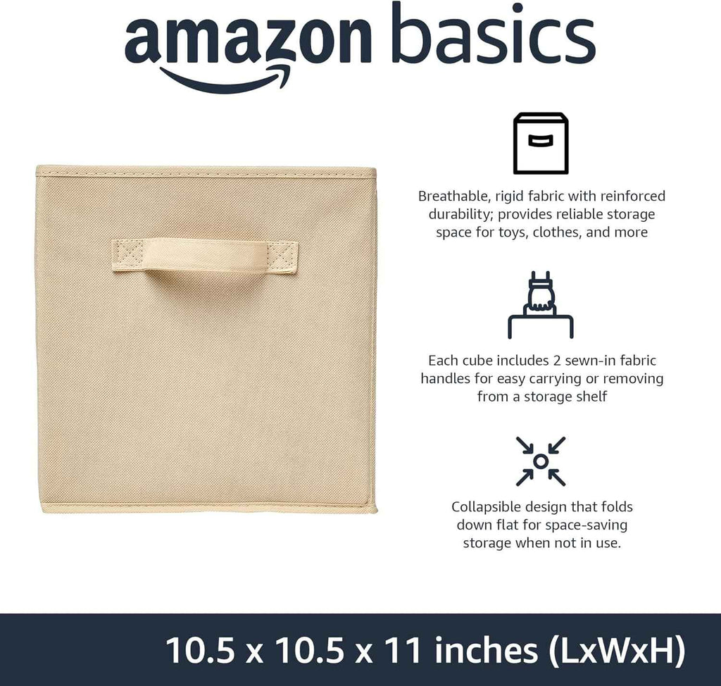 Collapsible Fabric Storage Cubes with Handles, Beige, 10.5 x 10.5 x 11-inch, Pack of 6 for Easy Organization