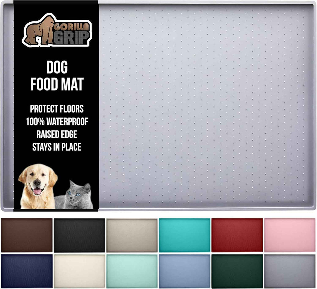 GORILLA GRIP 100% Waterproof Raised Edge BPA Free Silicone Pet Feeding Mat, Dog Cat Food Mats Contain Spills Protects Floors, Placemats for Cats and Dogs Water Bowl, Pets Accessories 18.5x11.5 Gray