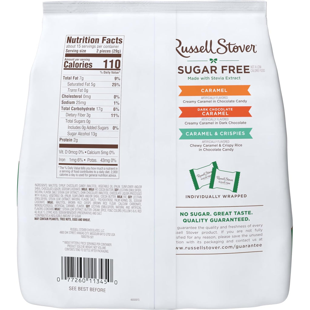 russell stover sugar free assorted caramels in chocolate, 15.3 oz. bag, made with stevia extract, no added sugar