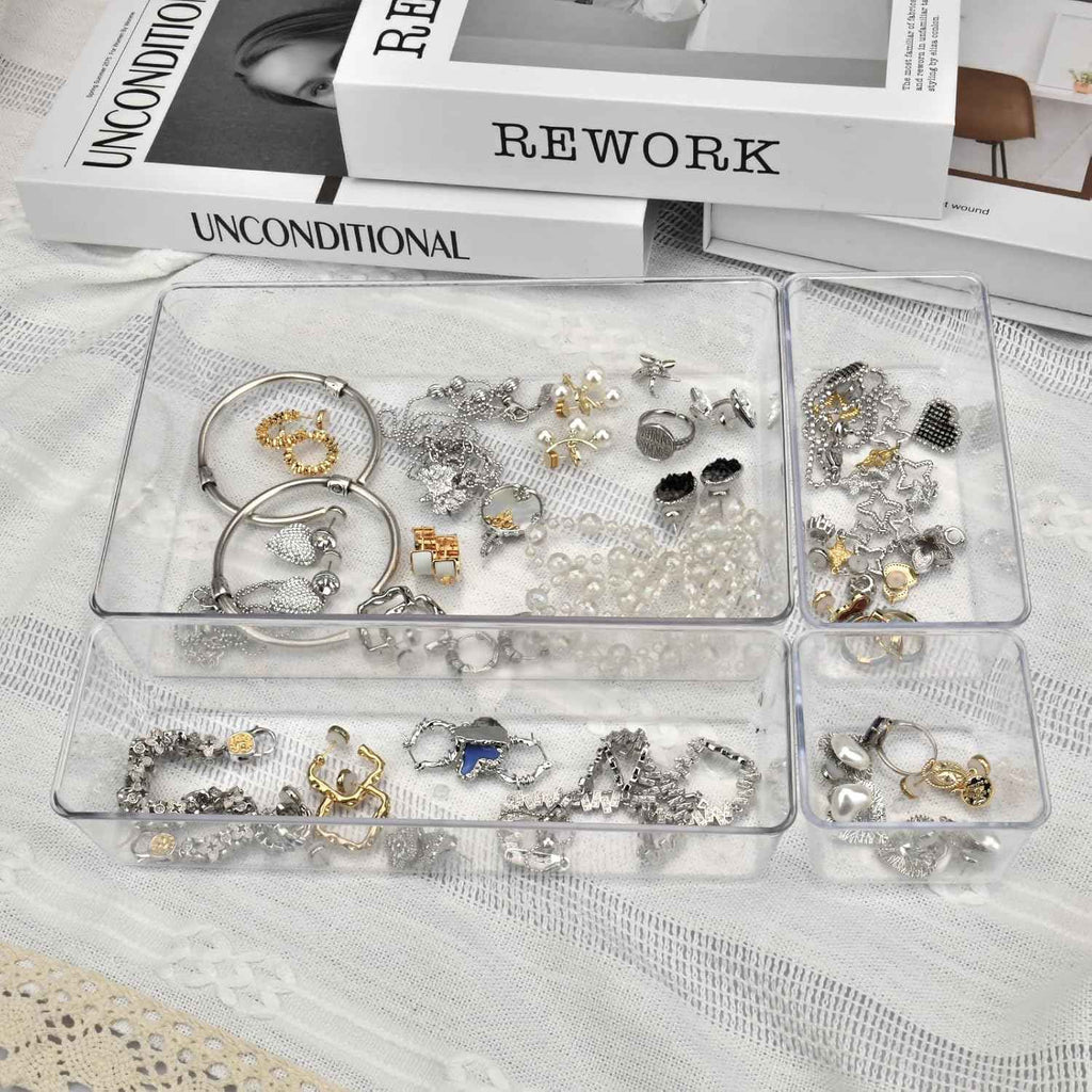 Drawer Organizers Set of 15, 4 Sizes Clear Plastic Drawer Organizers and Storage Bins for Kitchen, Bathroom, Office, Dresser Desk Drawer Organizer Tray for Jewelry, Makeup, Junk, Gadgets
