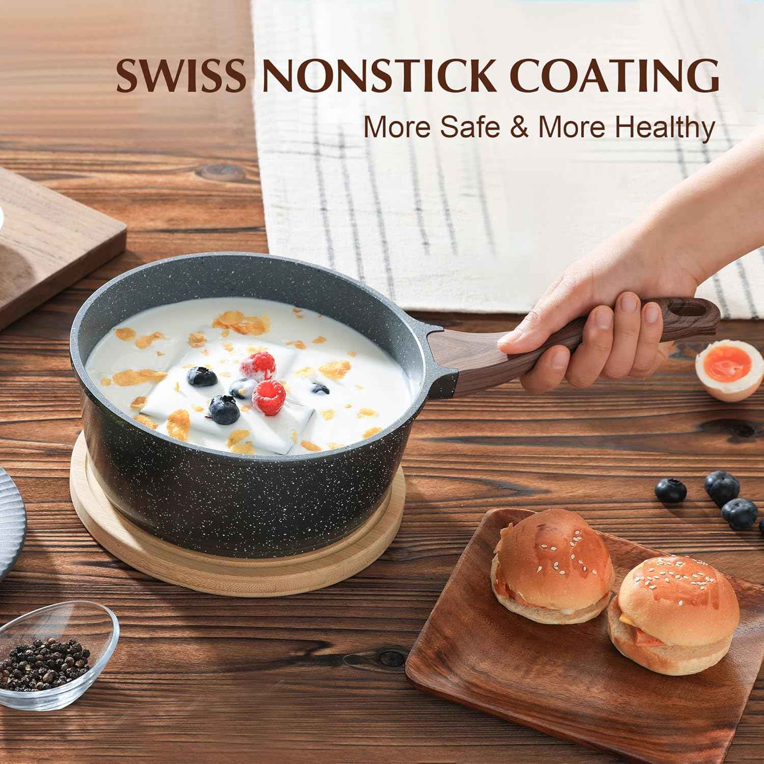 SENSARTE Nonstick Saucepan with Lid, 1.5 Quarts Small Pot with Swiss Granite Coating, Stay-cool Handle, Multipurpose Handy Sauce Pot Small Kitchen Cooking Pot, Induction Comptable, PFOA Free