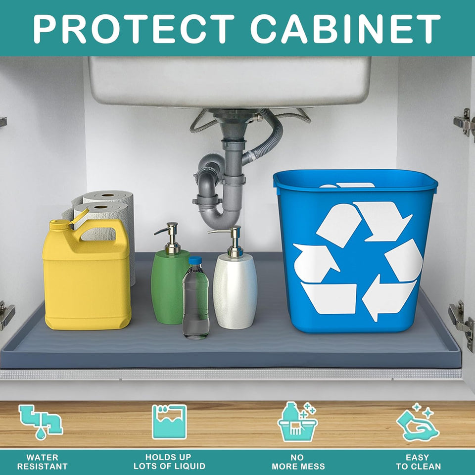 URMONA Waterproof Silicone Under Sink Mat 31'' x 22'' Shelf Liner for Kitchen and Bathroom, Cabinet and Counter Protector, Storage and Organizers, Litter Mat, Pet Cat PLppy Essentials(Dark Grey)