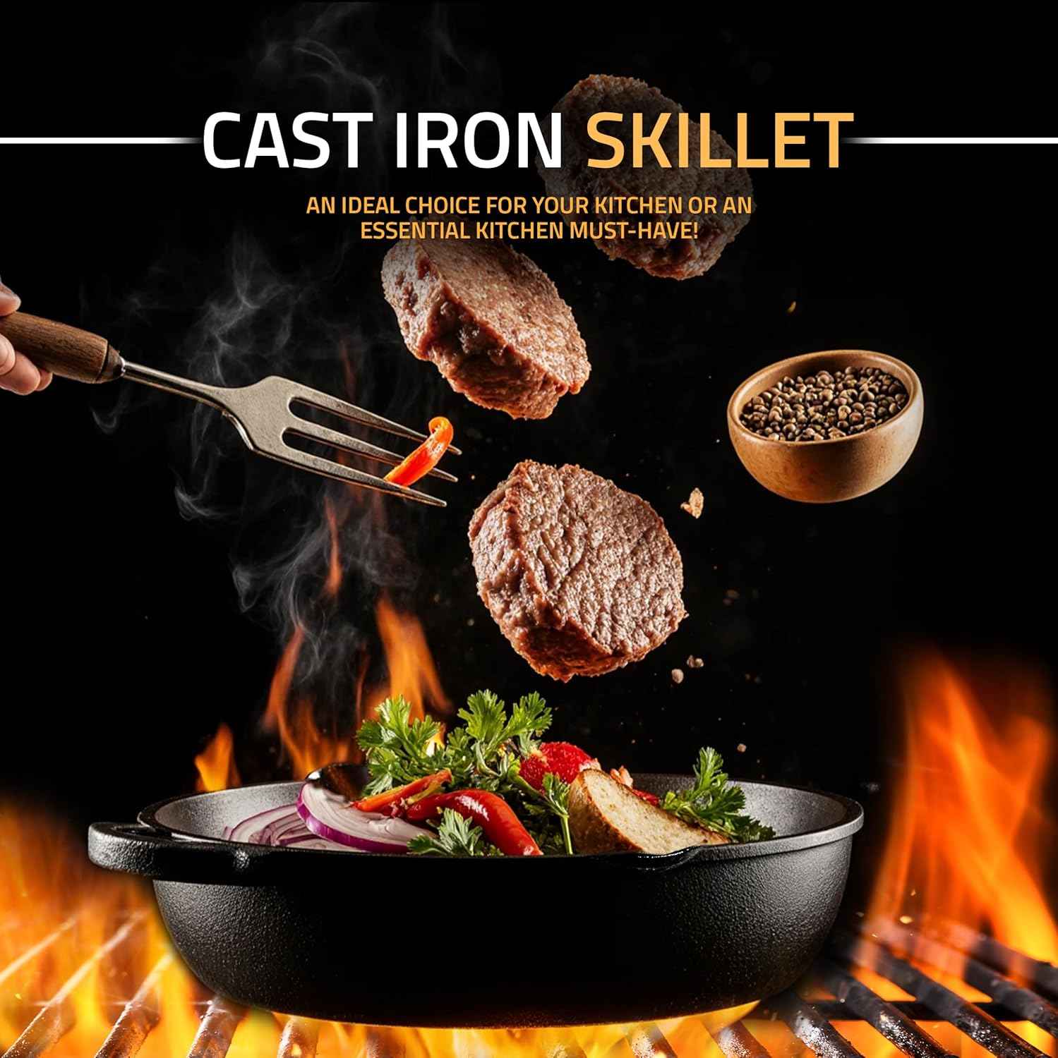 Utopia Kitchen Cast Iron Skillets 12 Inch, Chef's Pan, Pre-Seasoned Frying Pan, Stovetop, Oven, Campfire and Grill Large Skillet, Even Heat Distribution Multipurpose Cast Iron Pan - Black