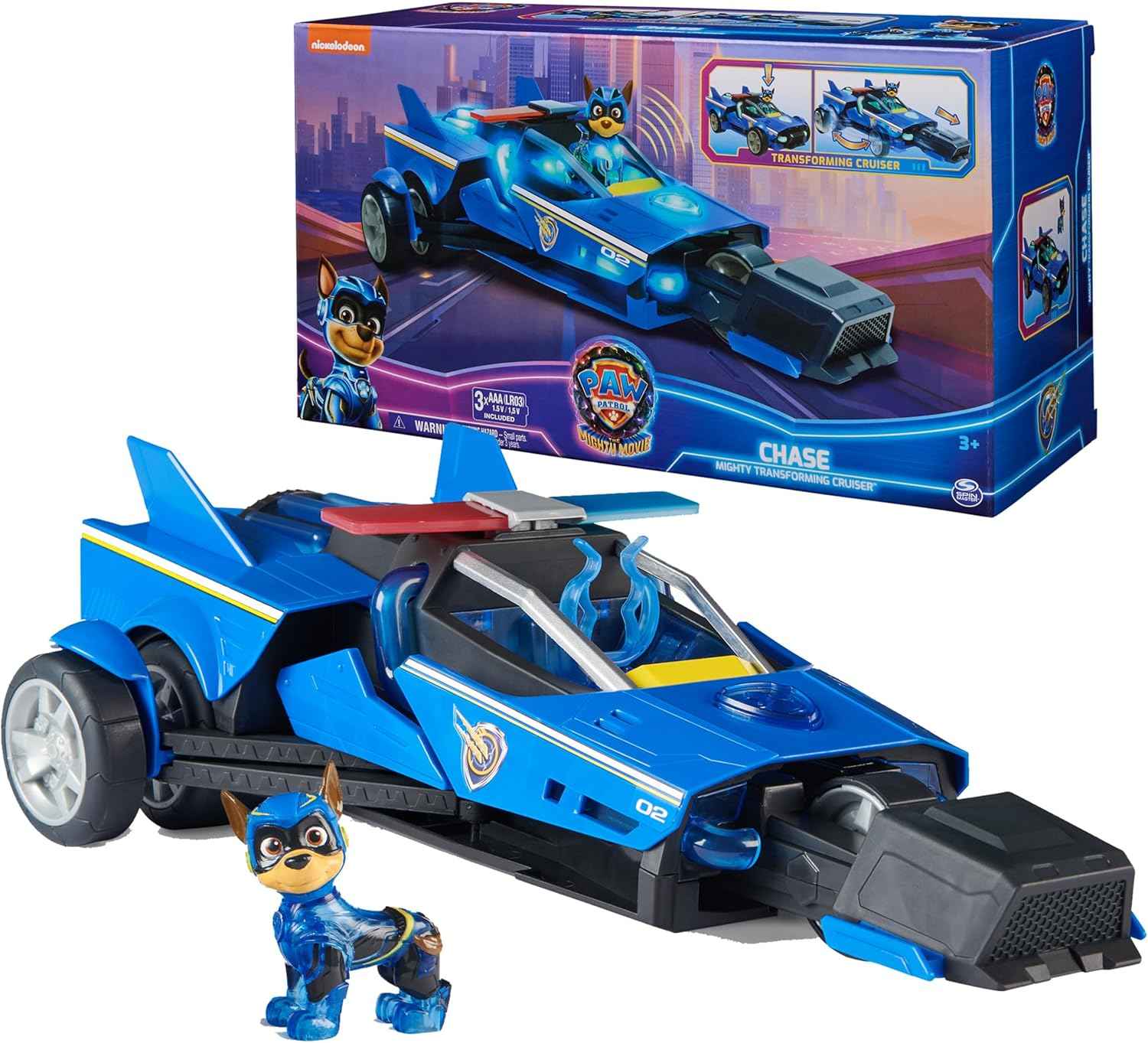 paw patrol mighty movie chase cruiser with mighty pups action figure, lights and sounds for kids 3+