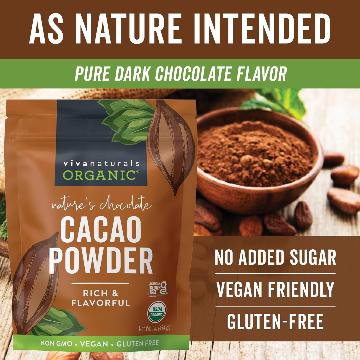 organic unsweetened cacao powder 1 lb rich dark chocolate flavor vegan keto paleo non-gmo gluten-free