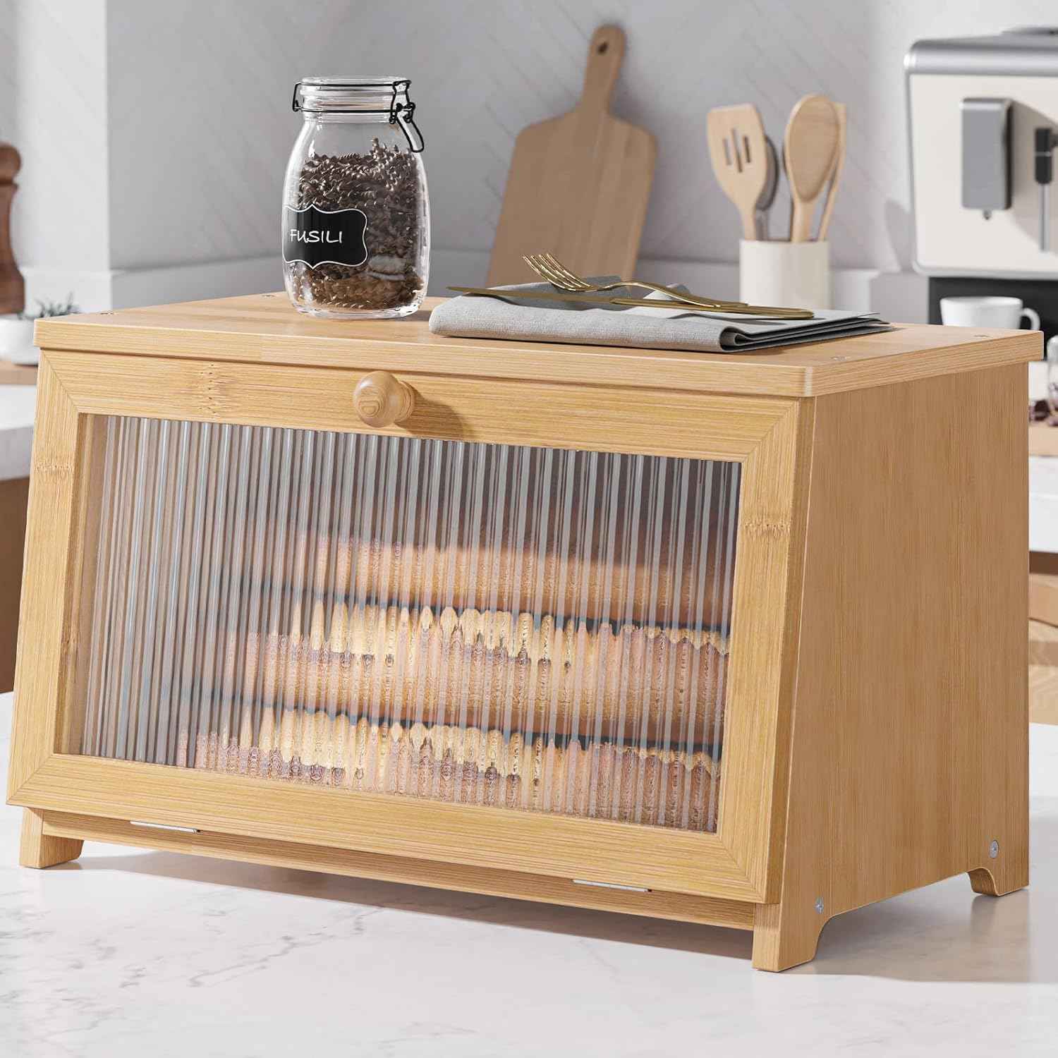 Kitsure Bread Box - Wooden Bread Box for Kitchen Countertop, Large Capacity Kitchen Countertop Organizer, Stylish Bread Storage with Window, Multi-functional Container, Black, 15.0"x8.3"x9.1" (1T)