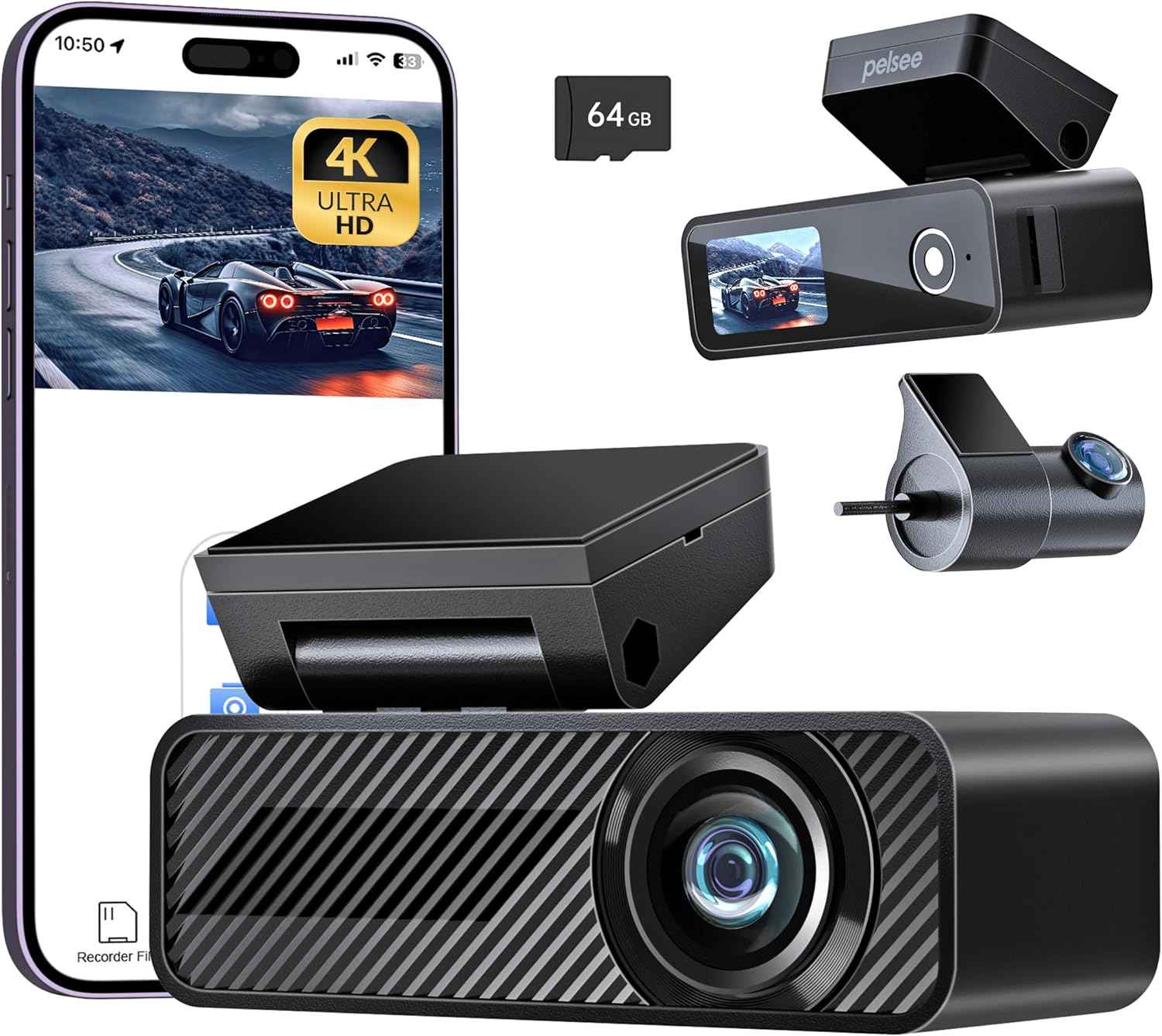 pelsee p1 duo 4k dash cam front and rear with 64gb sd card and 4k+1080p dual recording