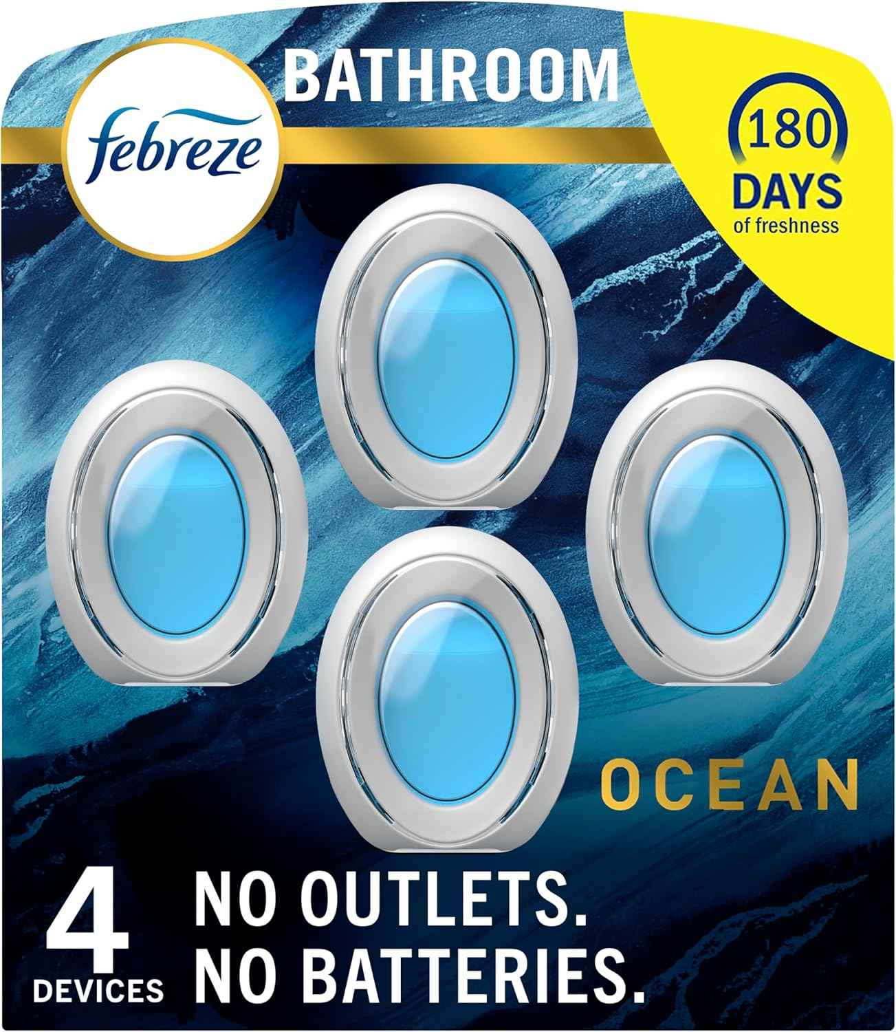Febreze Bathroom Air Freshener, Odor-Fighting, Plug In Alternative, Air Fresheners for Home, Bathroom, & Kitchen, Closet Air Fresheners, Pet & Litter Box Odor Fighter, Refresh & Energize Scent, 4ct