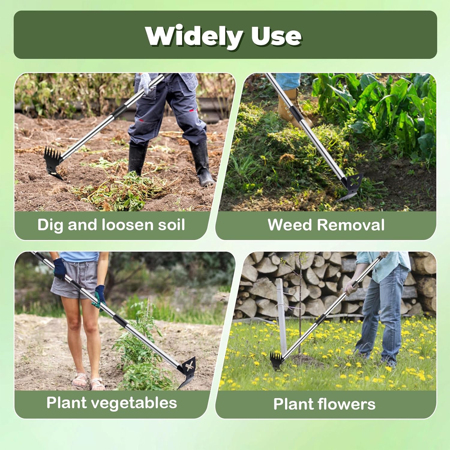 NICOFPHY Weed PLller Tool with Long Handle - 60" Manual Weeder Remover Tool, 2 in 1 Hand Weed Rake and Garden Hoe for Gardening, Heavy Duty Uprooting Weeding PLll for Yard, Lawn, Patio and Garden