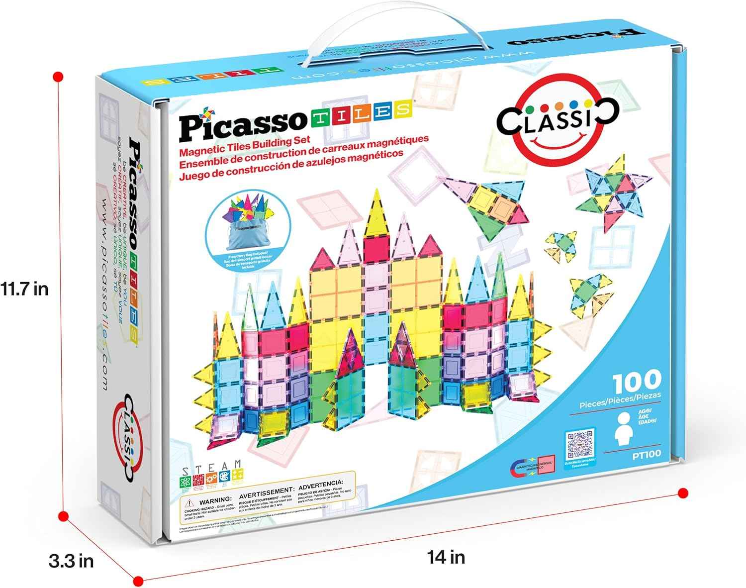 PicassoTiles 100 Piece Clear Magnetic 3D Blocks Creativity and Imagination Toy Set for Kids Inspirational