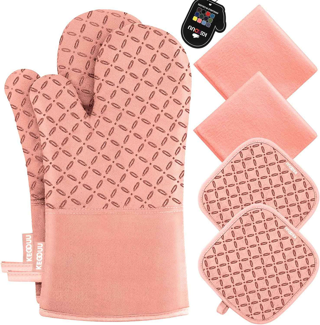 KEGOUU Oven Mitts and Pot Holders 6pcs Set, Kitchen Oven Glove High Heat Resistant 500 Degree Extra Long Oven Mitts and Potholder with Non-Slip Silicone Surface for Cooking (Grey)