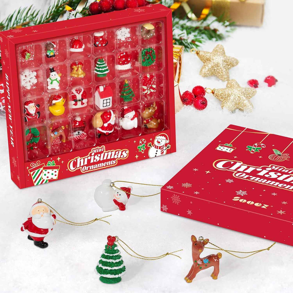 Mini Christmas Ornaments, Sooez Set of 24 Cute Miniature Resin Christmas Tree Ornament Figures Advent Calendar Fillers, Durable & Well-Crafted 3-D Figurines with Gold Loops for Easy Hanging
