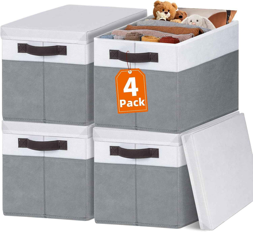 Large Closet Storage Baskets Bins with Lids - 4 Pack, Stackable Cubes for Nursery, Bedroom, Home, Dorm