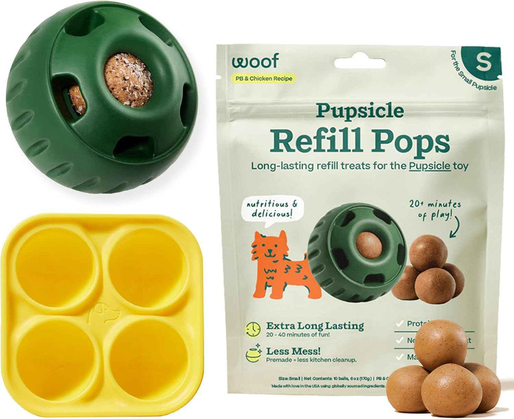 WOOF Starter Pack - Interactive Dog Toys for Small Pups 10-25 lbs - Chicken-Flavored Healthy Treats - Silicone Dog Treat Molds