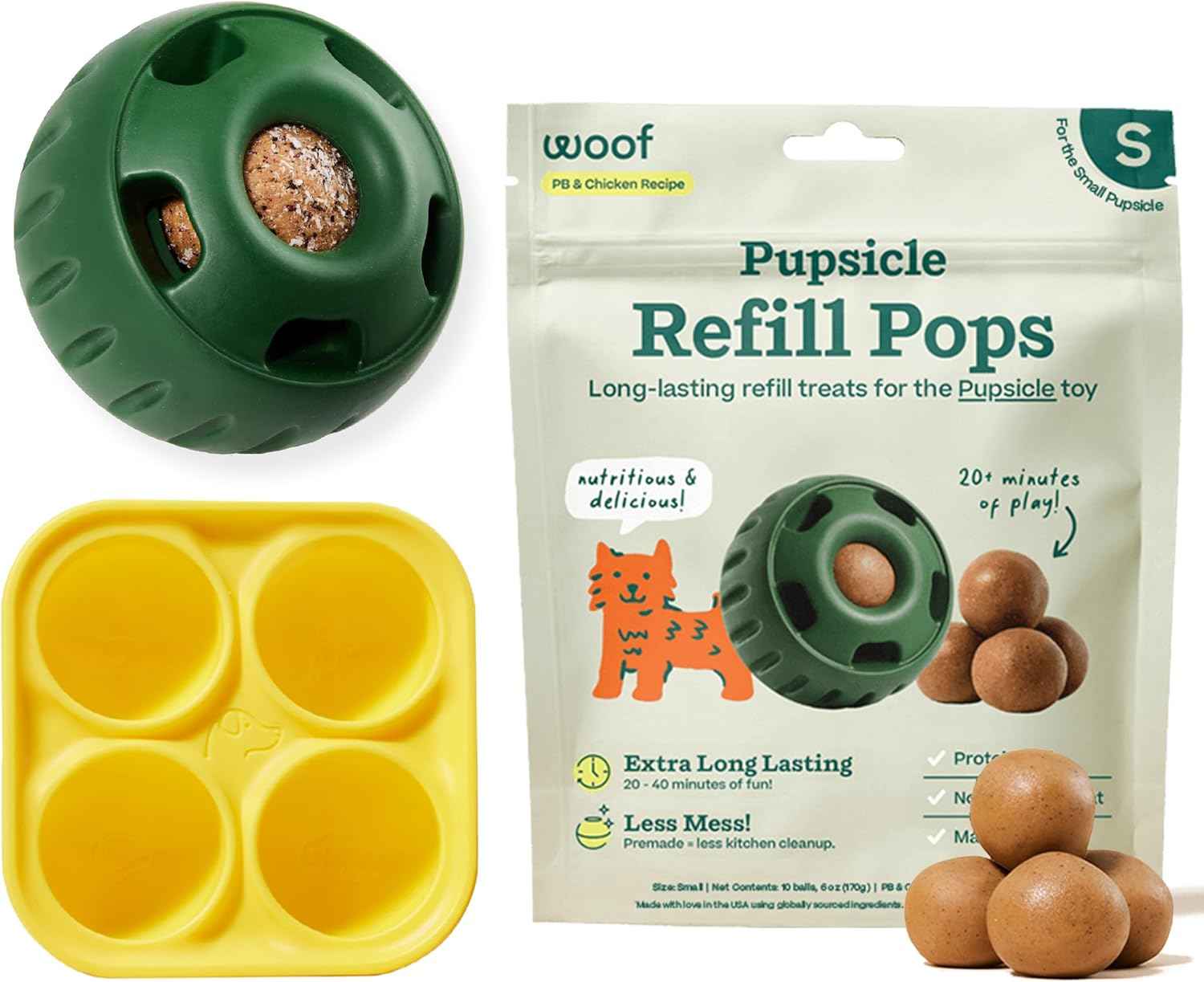 WOOF Starter Pack - Interactive Dog Toys for Small Pups 10-25 lbs - Chicken-Flavored Healthy Treats - Silicone Dog Treat Molds