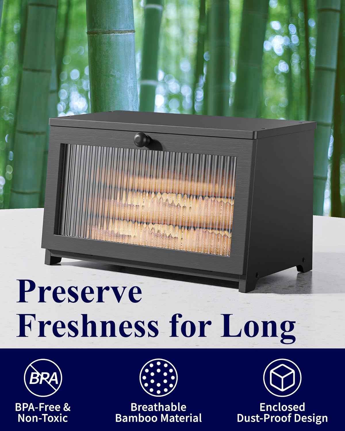 Kitsure Wooden Bread Box with Window, Large Capacity Kitchen Organizer, Stylish Black Storage Container