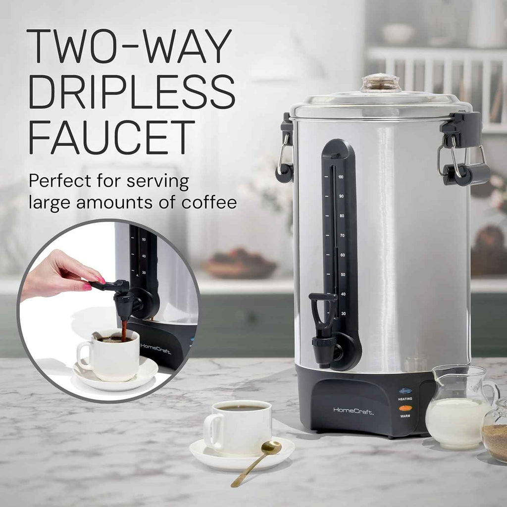Homecraft 100-Cup Coffee Urn and Hot Beverage Dispenser with Dripless Faucet, Quick-Brewing, Stainless Steel