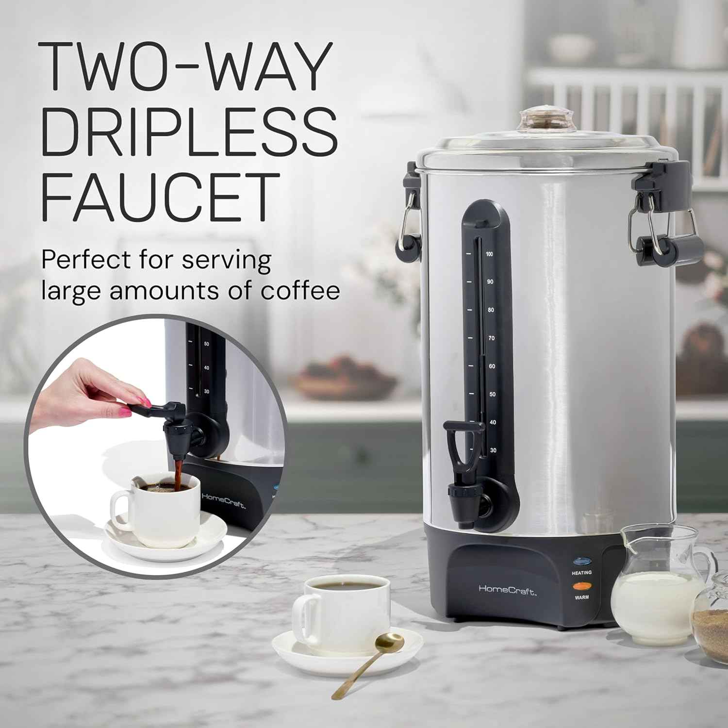 Homecraft 100-Cup Coffee Urn and Hot Beverage Dispenser with Dripless Faucet, Quick-Brewing, Stainless Steel
