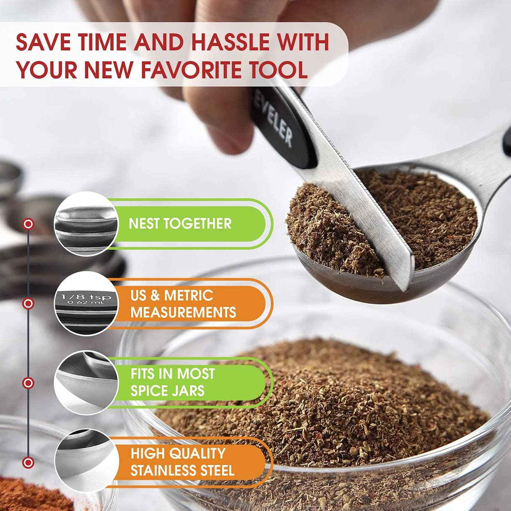 Spring Chef Stainless Steel Magnetic Measuring Spoons Set with Strong N45 Magnets, Heavy Duty Metal Kitchen Gadgets for Baking & Cooking, Fits in Most Kitchen Spice Jars, Set of 8 with Leveler, Black