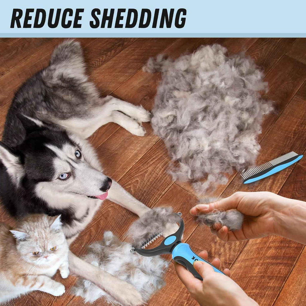 Blue Deshedding Brush and Metal Comb for Long Hair Cats and Dogs by Docrok