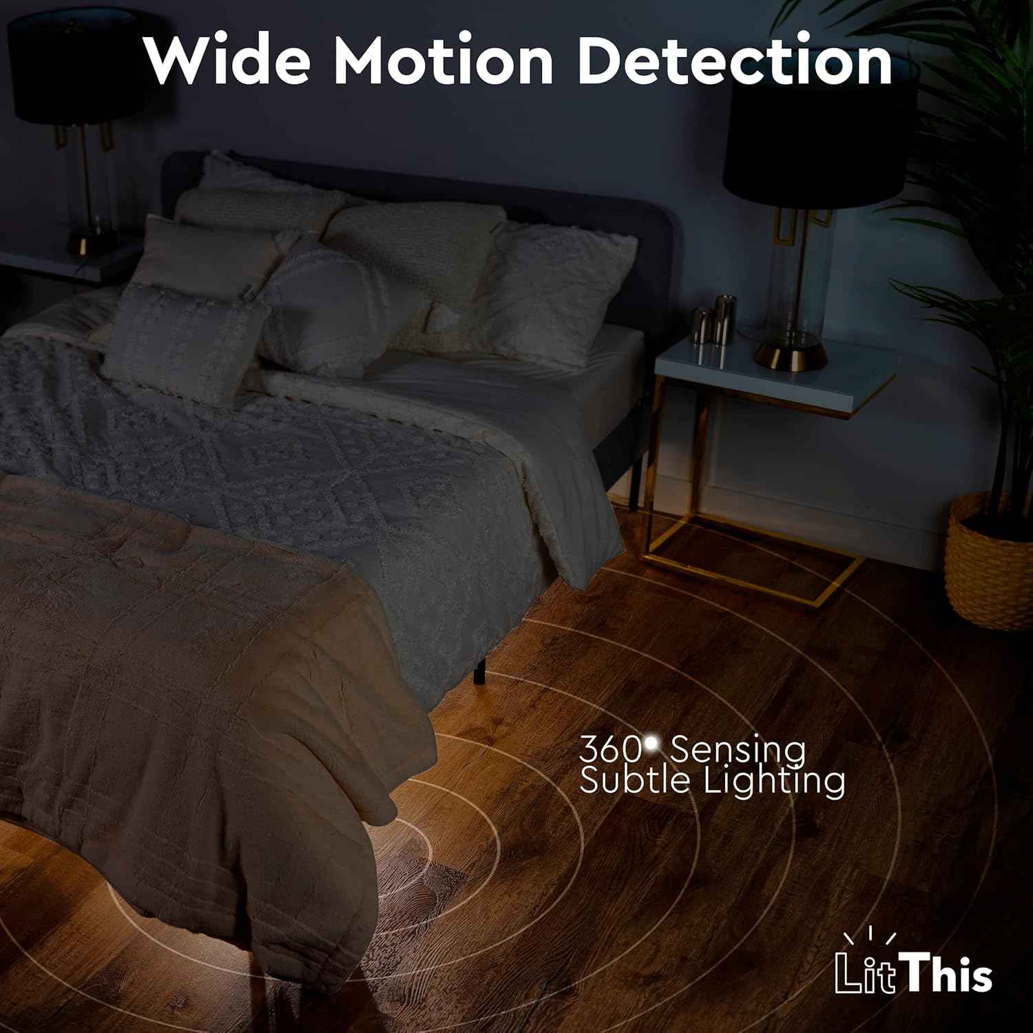 LitThis patented 360° motion-activated night light for under bed, easily positioned, dimmable, auto on/off