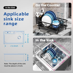 Dish Drying Rack, Stainless Steel-Dish Rack, Dish Racks for Kitchen Counter, Kitchen Dish Drainers with Removable Utensil Holder,New drain outlet,Plate Rack and Drainboard,(Black-11" W x 15" L)