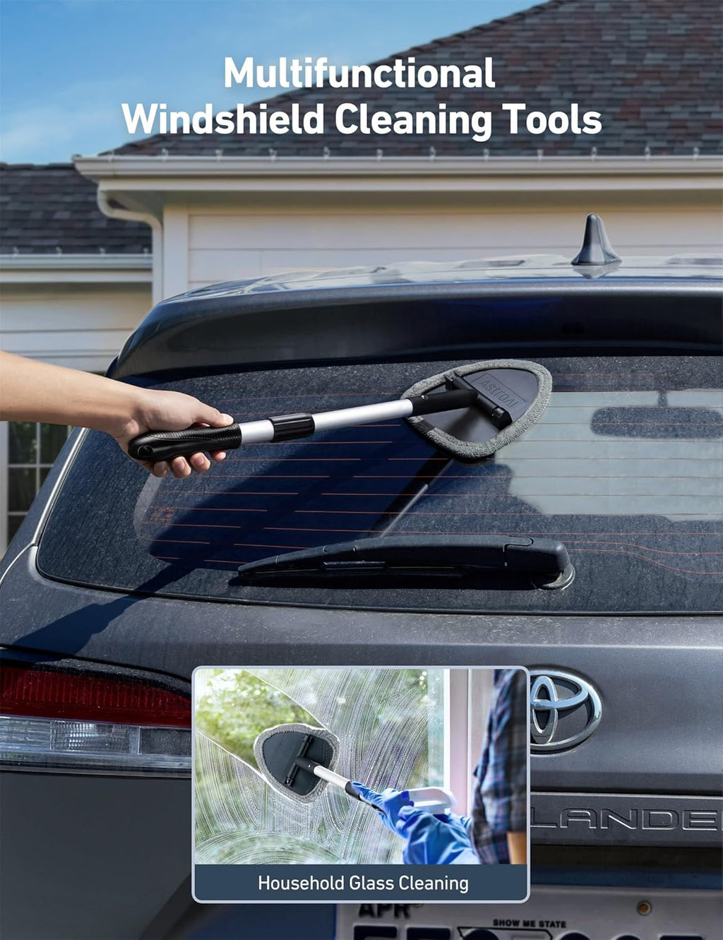 astroAI Windshield Cleaner Tool with Extendable Handle and 4 Reusable Microfiber Pads for Car Interior Detailing Cleaning Kit, Gray, 15.9-21in