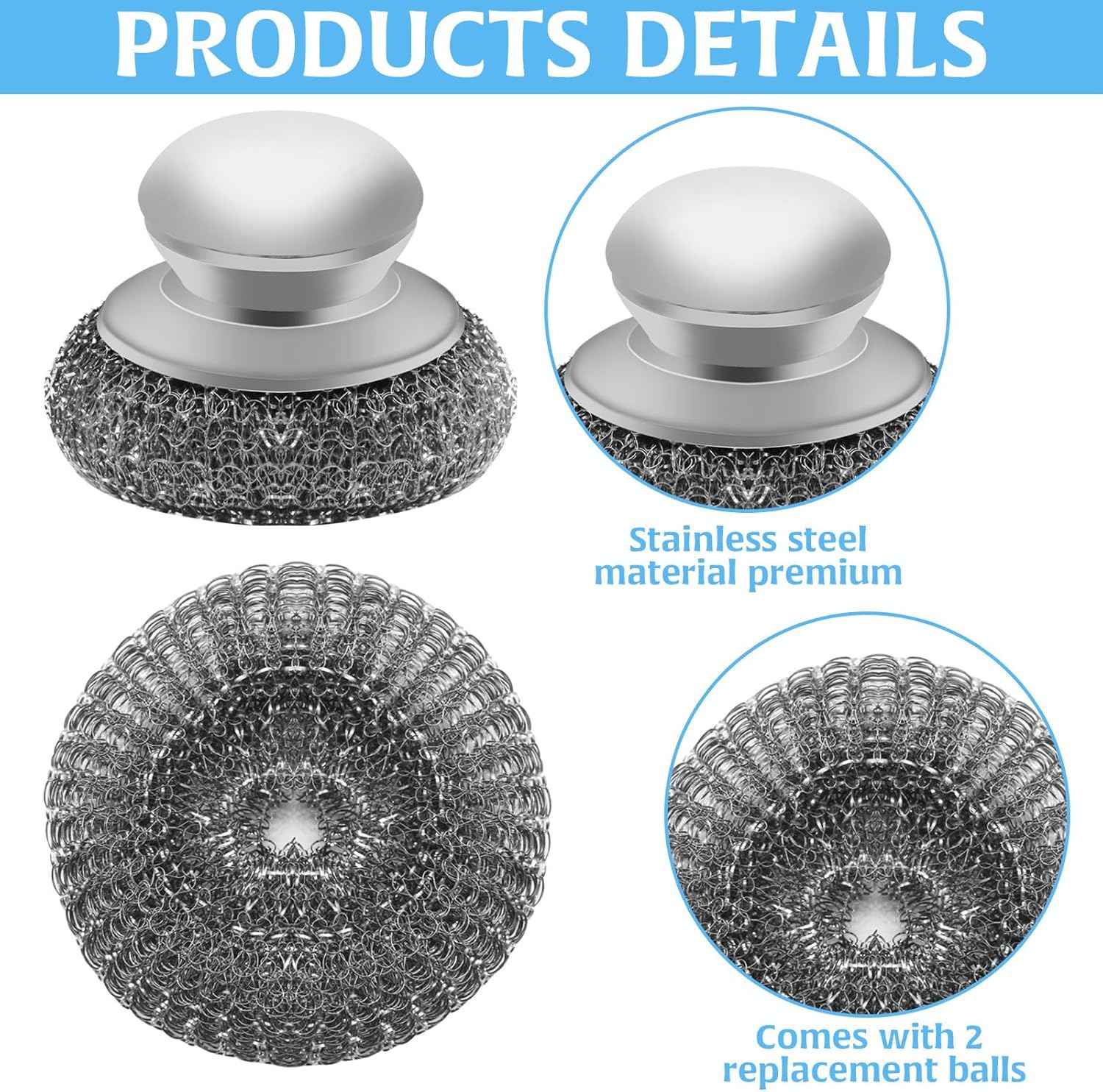 stainless steel wool scrubber with 2 replacement pads for cleaning metal pans pots grills