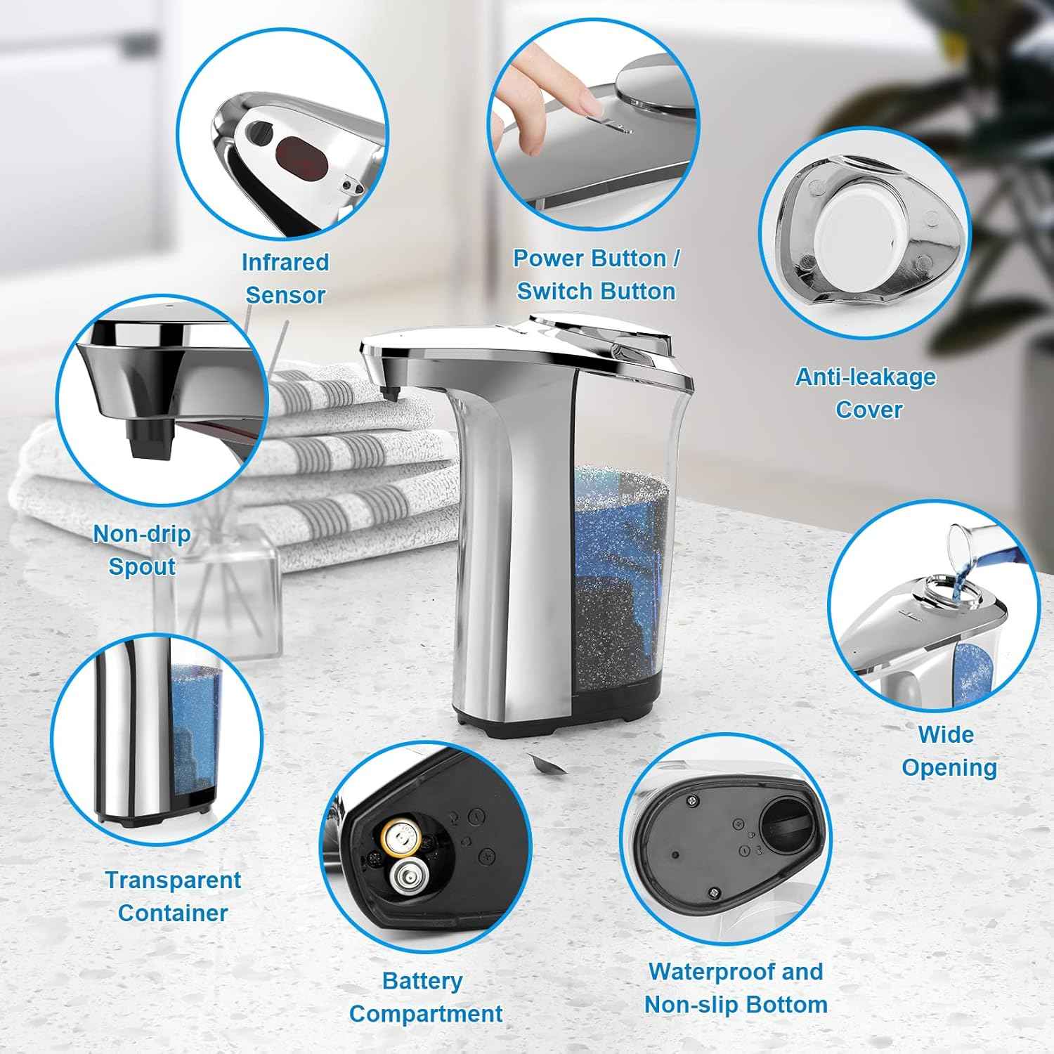 Automatic Soap Dispenser, Touchless Dish Soap Dispenser 17oz/500ml with Infrared Sensor, 5 Adjustable Soap Levels, Liquid Dispenser for Bathroom Kitchen (Silver)