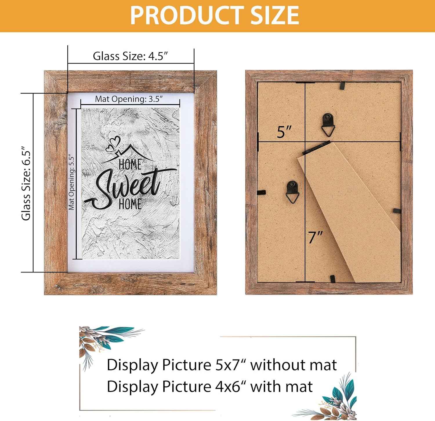 Califortree 5x7 rustic brown picture frame with shatterproof plexiglass and horizontal/vertical display