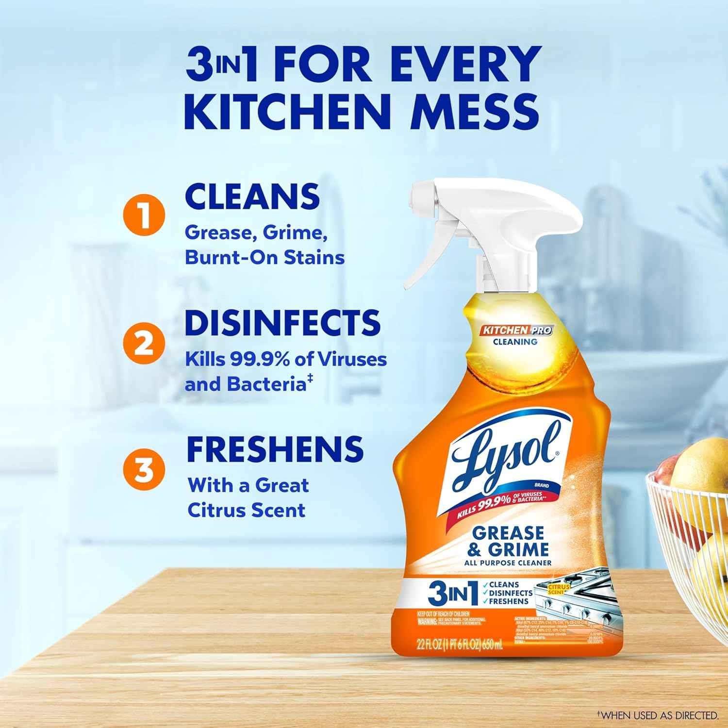 Lysol Pro 22oz Citrus Scent Kitchen Spray Cleaner and Degreaser Antibacterial All Purpose Cleaning Spray for Countertops, Ovens, and Appliances
