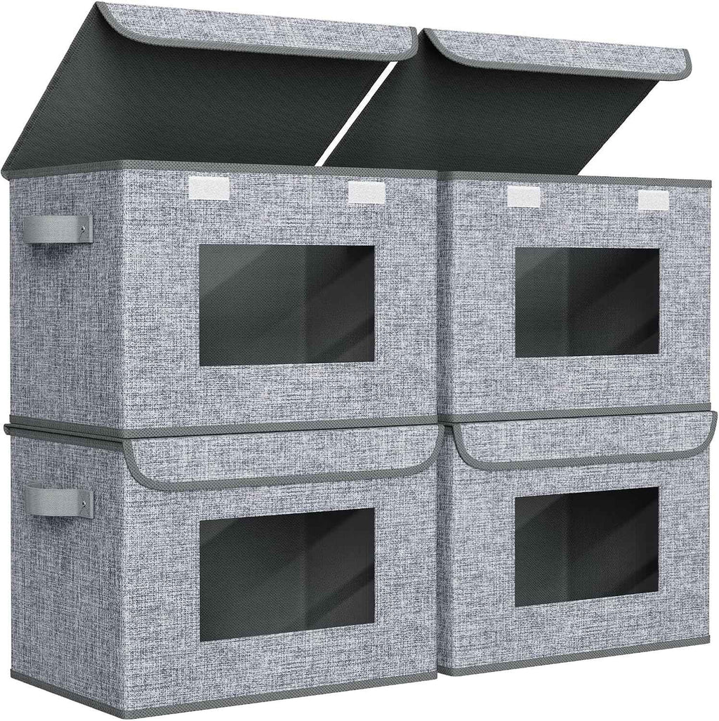 Univivi Fabric Foldable Storage Boxes [4-Pack] Large Collapsible Stackable Storage Bins with Lids, Closet Organizers and Storage Cube Basket for Home, Office, Bedroom (Gray, 17“ x 12” x 12")