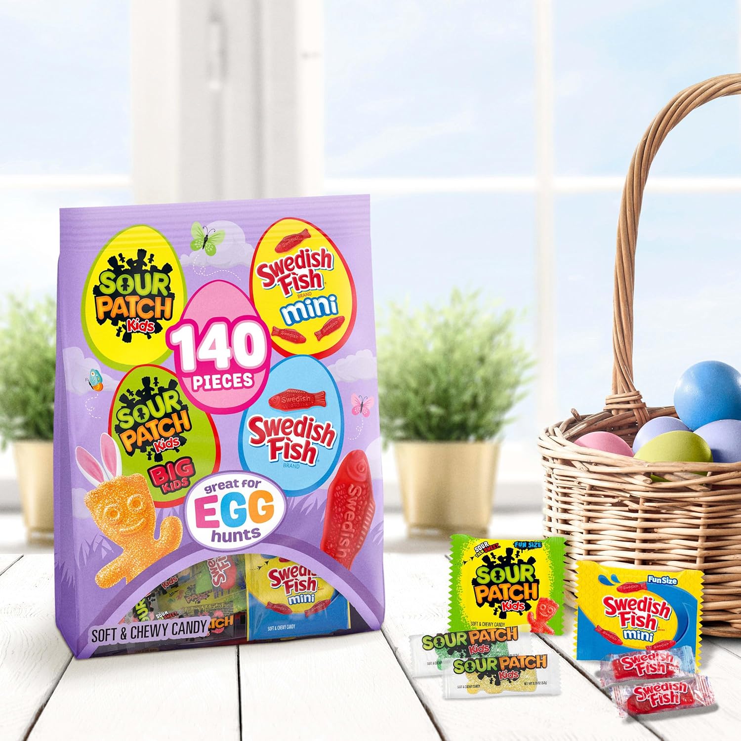 sour patch kids, sour patch kids big kids, swedish fish and swedish fish mini assorted soft & chewy easter candy variety pack, bulk, 140 snack packs
