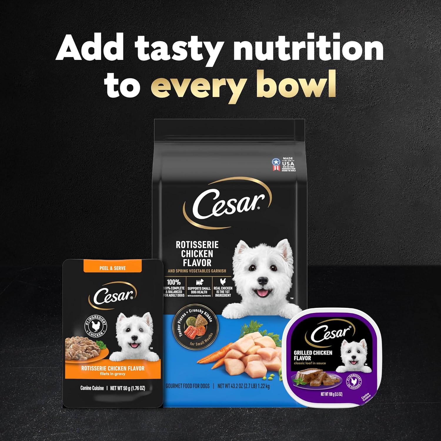 cesar filets in gravy wet dog food rotisserie chicken flavor, filet mignon flavor, and wood-grilled chicken variety pack for adult dogs